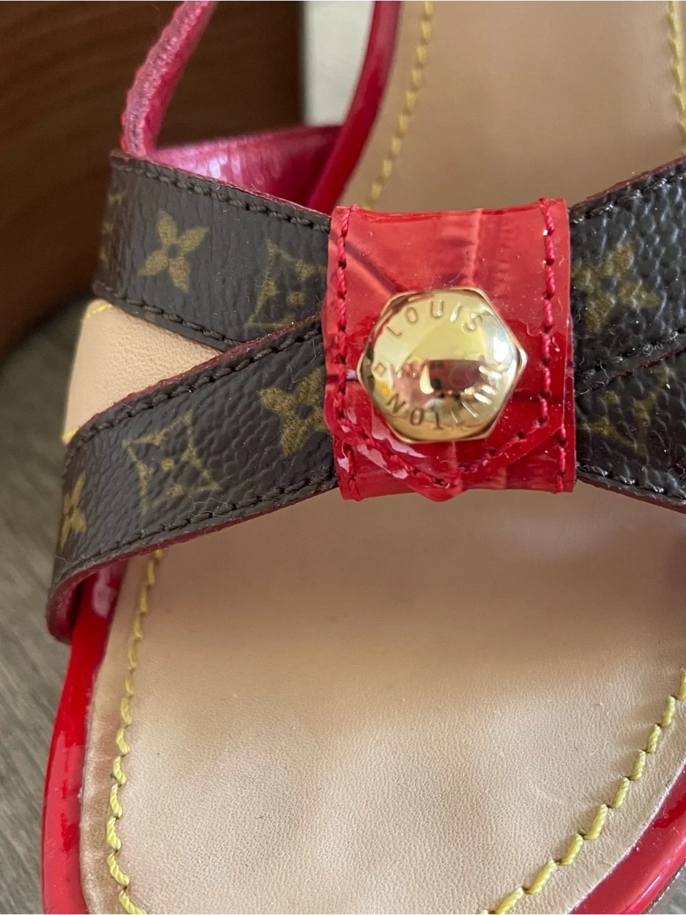 Louis Vuitton Red Patent Wedge Sandals with Brown Monogram Straps